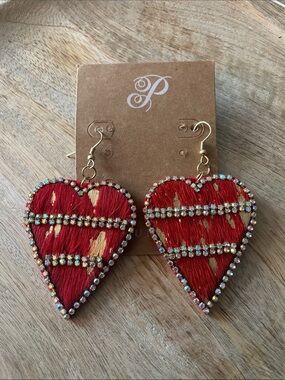 Plunder Red Heart Rhinestone Fringe Earrings by
